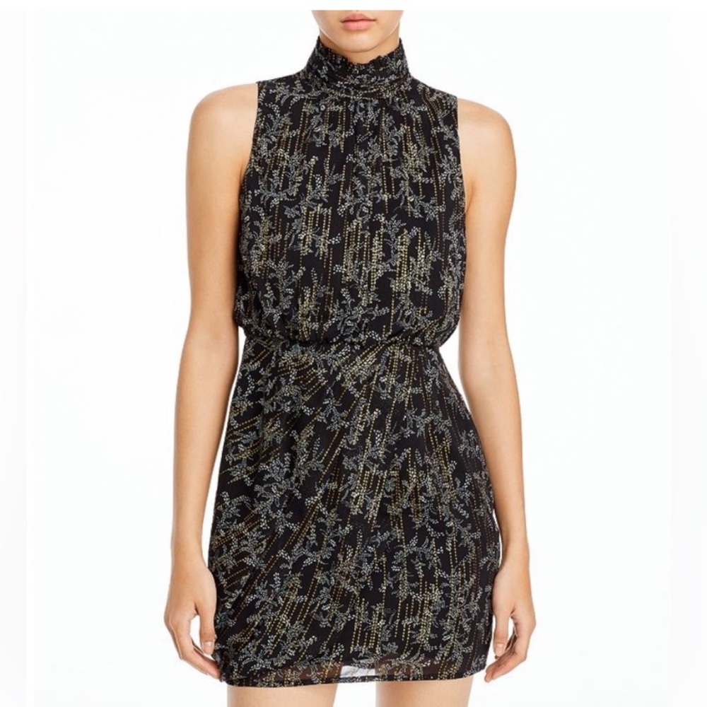 AQUA ruffled mock neck, sleeveless dress.